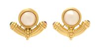 A Pair of 14 Karat Yellow Gold, Mabe Pearl, and Emerald and Ruby Earclips, 11.60 dwts.