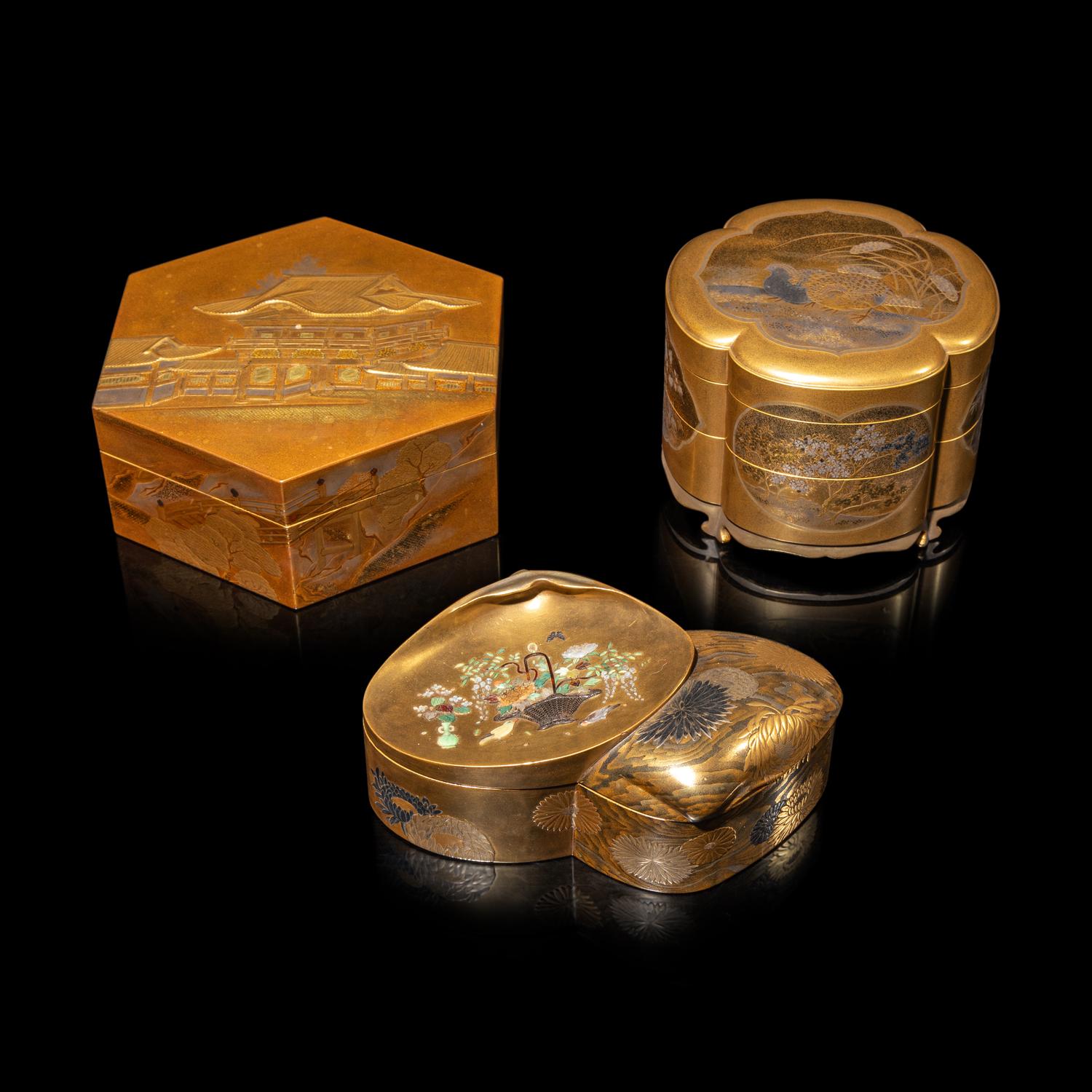 Three Japanese Gold Lacquer Covered Boxes, 19th Century