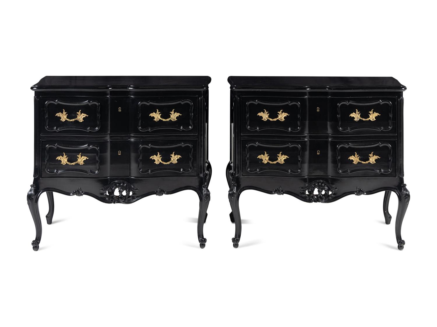 A Pair of Louis XV Style Gilt Metal Mounted Black-Lacquered Commodes