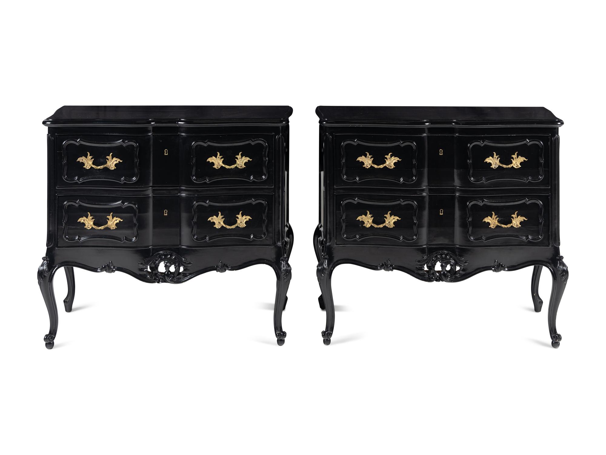 A Pair of Louis XV Style Gilt Metal Mounted Black-Lacquered Commodes