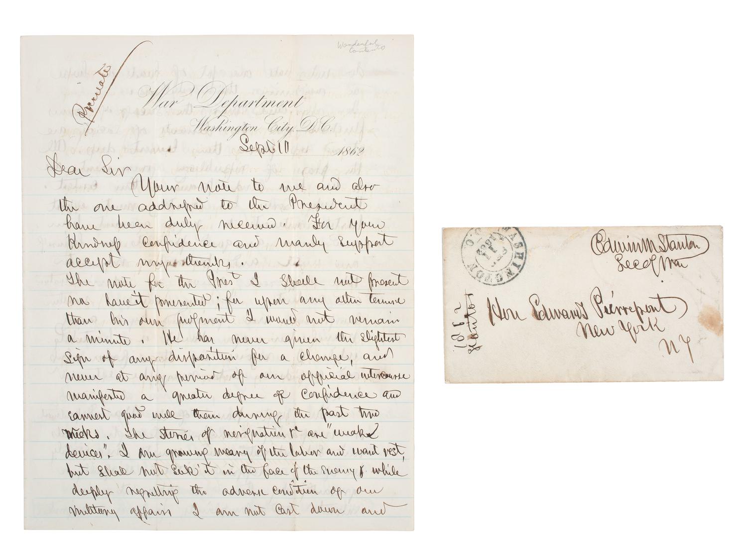 [CIVIL WAR]. STANTON, Edwin (1814-1869). Autograph letter signed ("Edwin M. Stanton") as Secretary of War, addressed to Edwards Pierrepont. Washington City, DC, 10 September 1862. With free franked envelope.