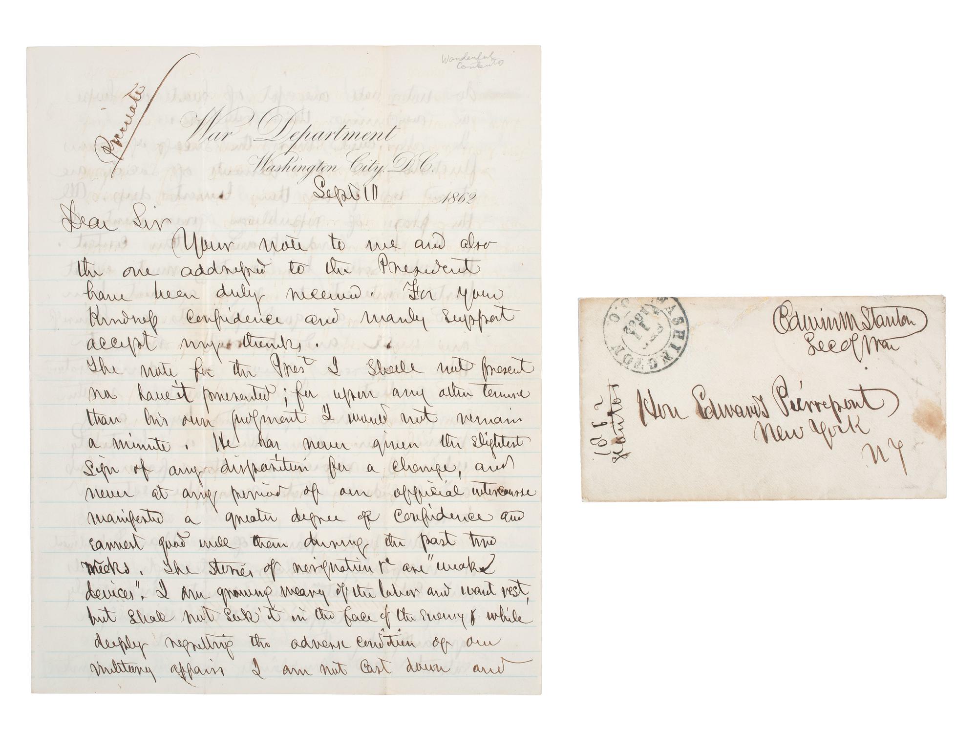 [CIVIL WAR]. STANTON, Edwin (1814-1869). Autograph letter signed ("Edwin M. Stanton") as Secretary of War, addressed to Edwards Pierrepont. Washington City, DC, 10 September 1862. With free franked envelope.