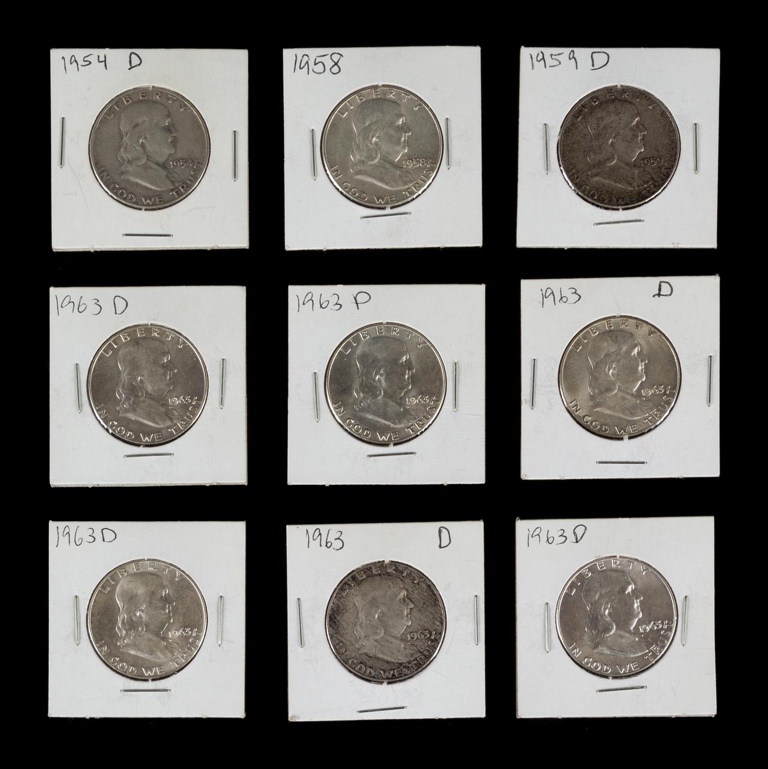 A Collection of Nine United States Benjamin Franklin Half-Dollar Coins