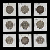 A Collection of Nine United States Benjamin Franklin Half-Dollar Coins