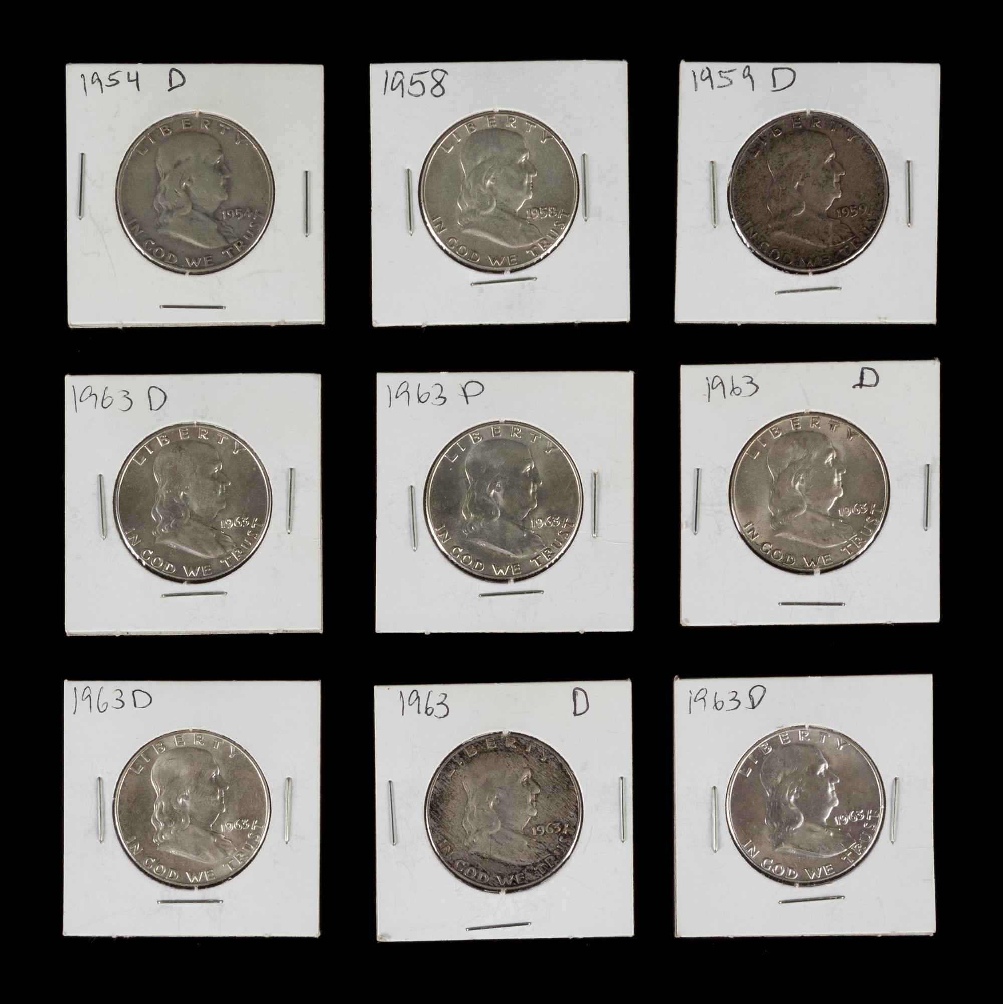 A Collection of Nine United States Benjamin Franklin Half-Dollar Coins