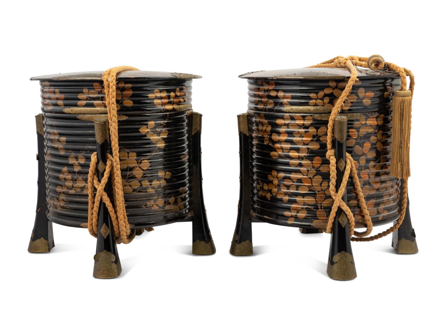 A Pair of Japanese Brass Mounted Gold and Black Lacquer Storage Boxes, Karabitsu