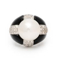 Onyx, Diamond, and Cultured Pearl Ring