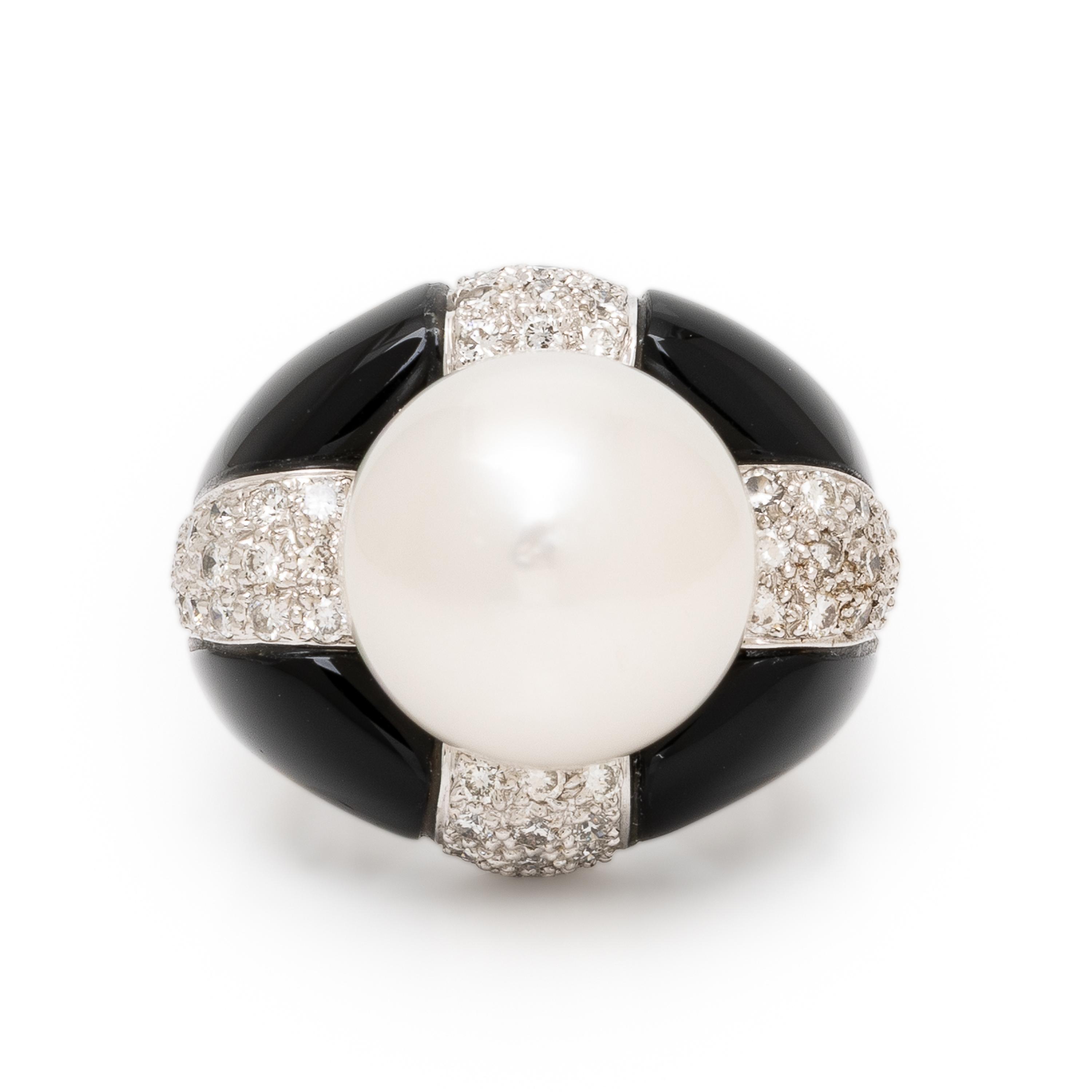 Onyx, Diamond, and Cultured Pearl Ring