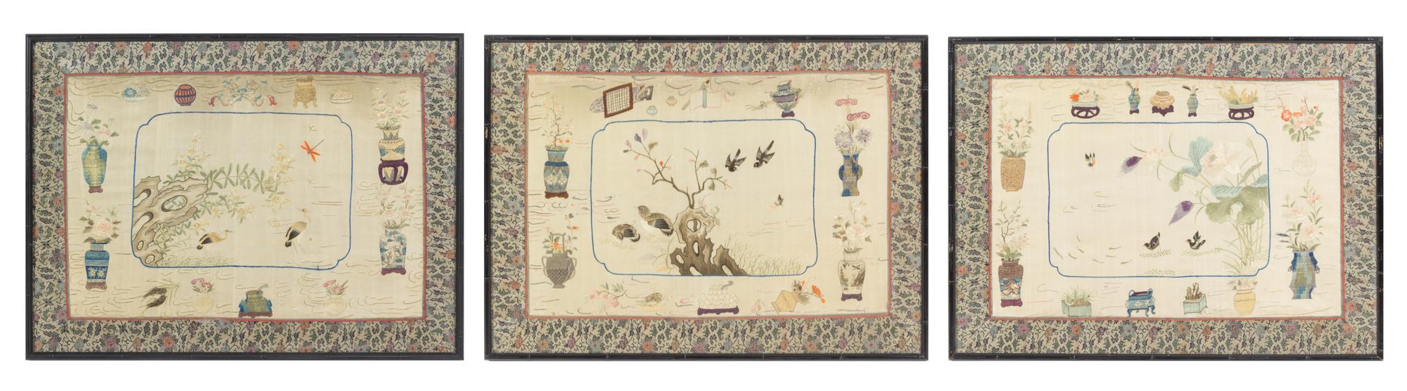 Three Chinese Embroidered Silk Panels — 19TH CENTURY