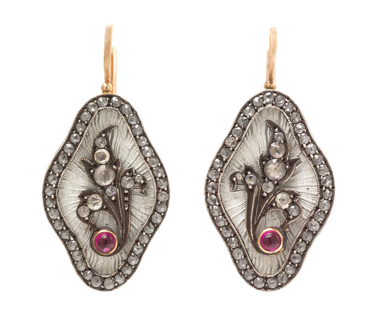 A Pair of Silver Topped Rose Gold, Diamond and Ruby Earrings, Russian, 9.00 dwts.