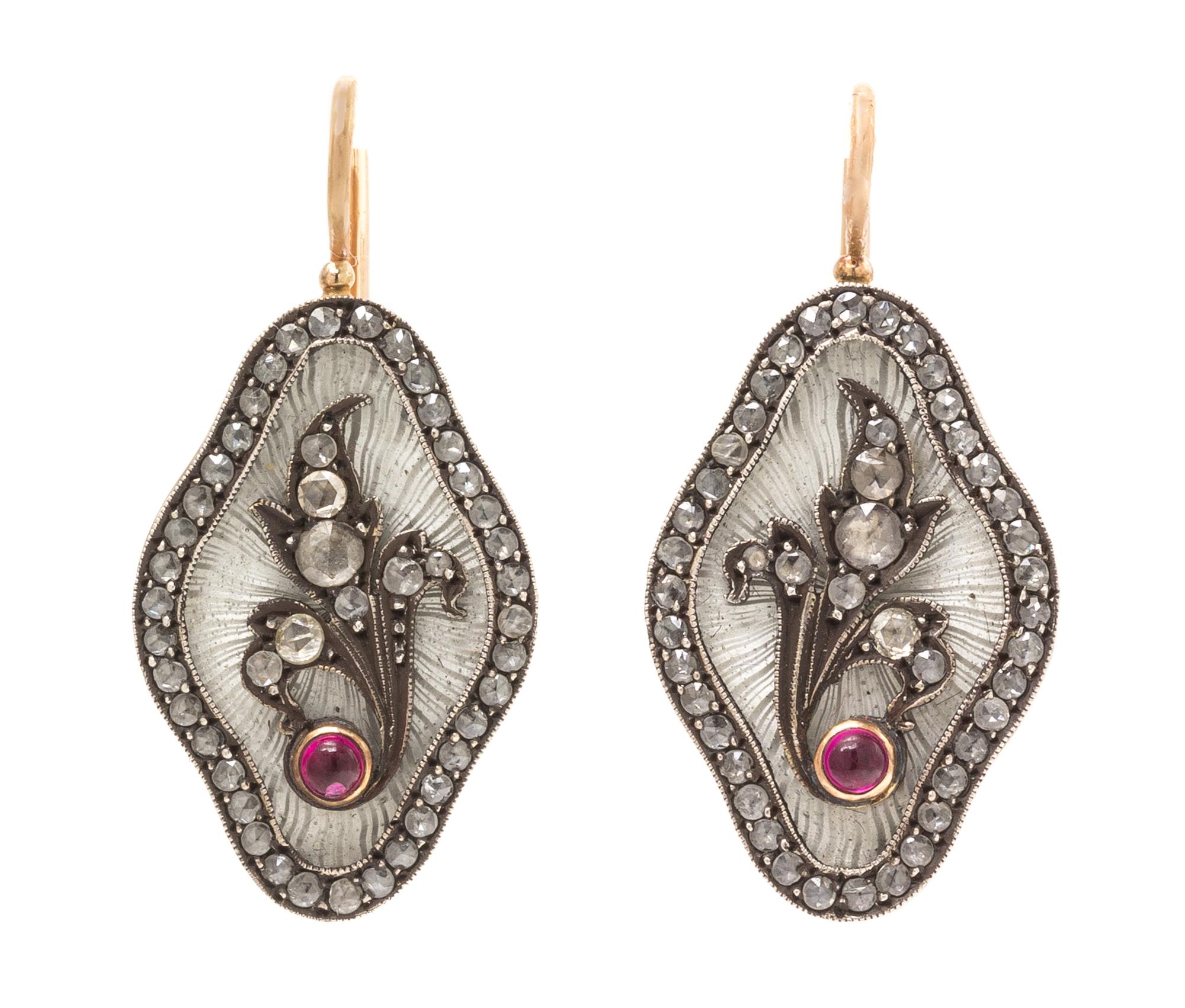 A Pair of Silver Topped Rose Gold, Diamond and Ruby Earrings, Russian, 9.00 dwts.