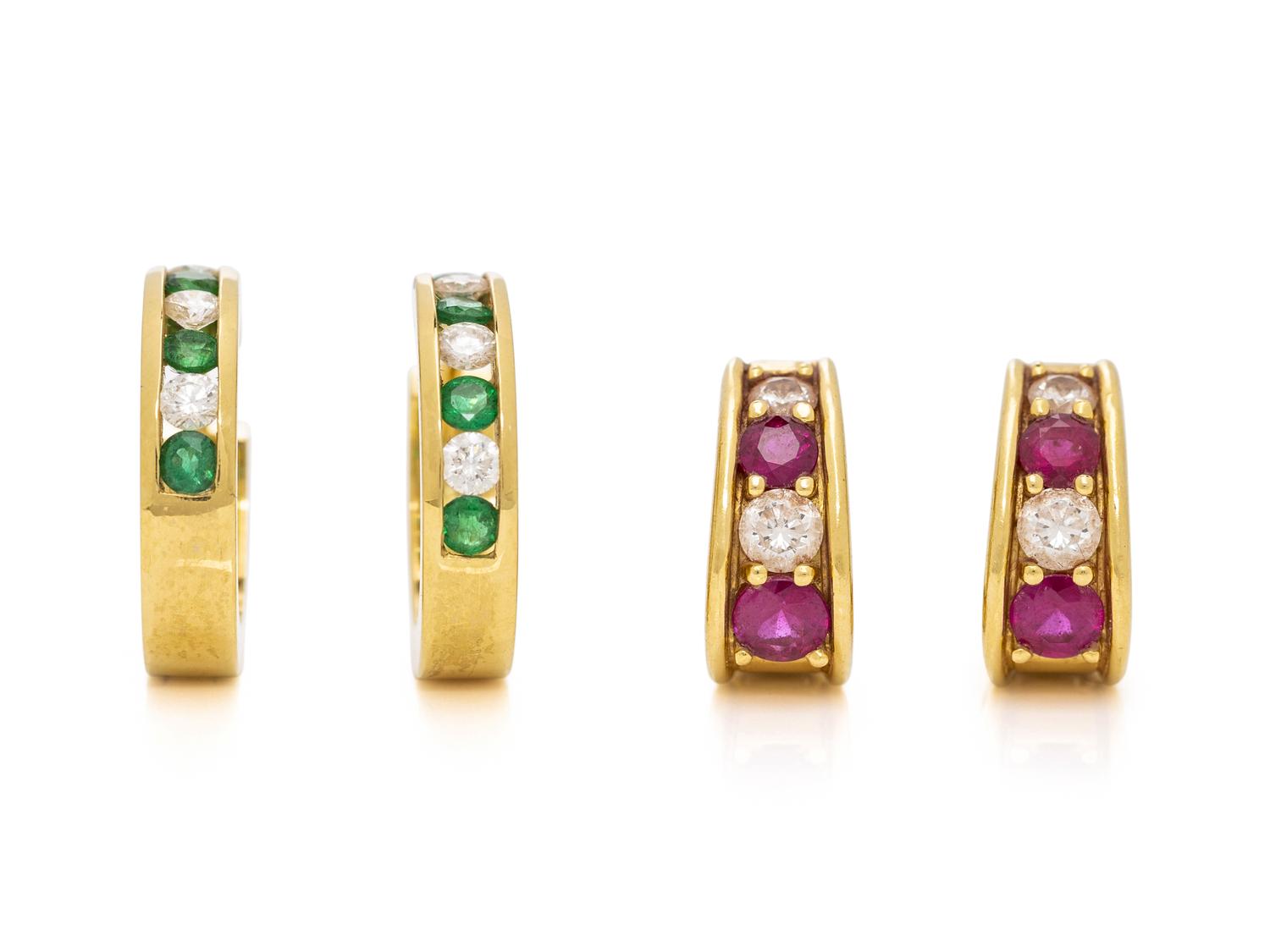 TWO PAIRS OF YELLOW GOLD, DIAMOND AND MULTIGEM EARRINGS