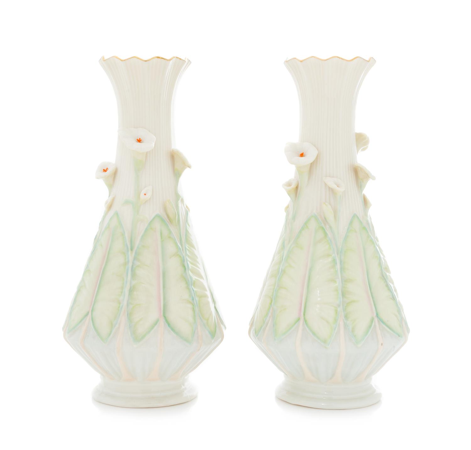 A Pair of Belleek Calla Lillies Vases Height 12 3/4 inches. — THIRD BLACK MARK (1926-1946)