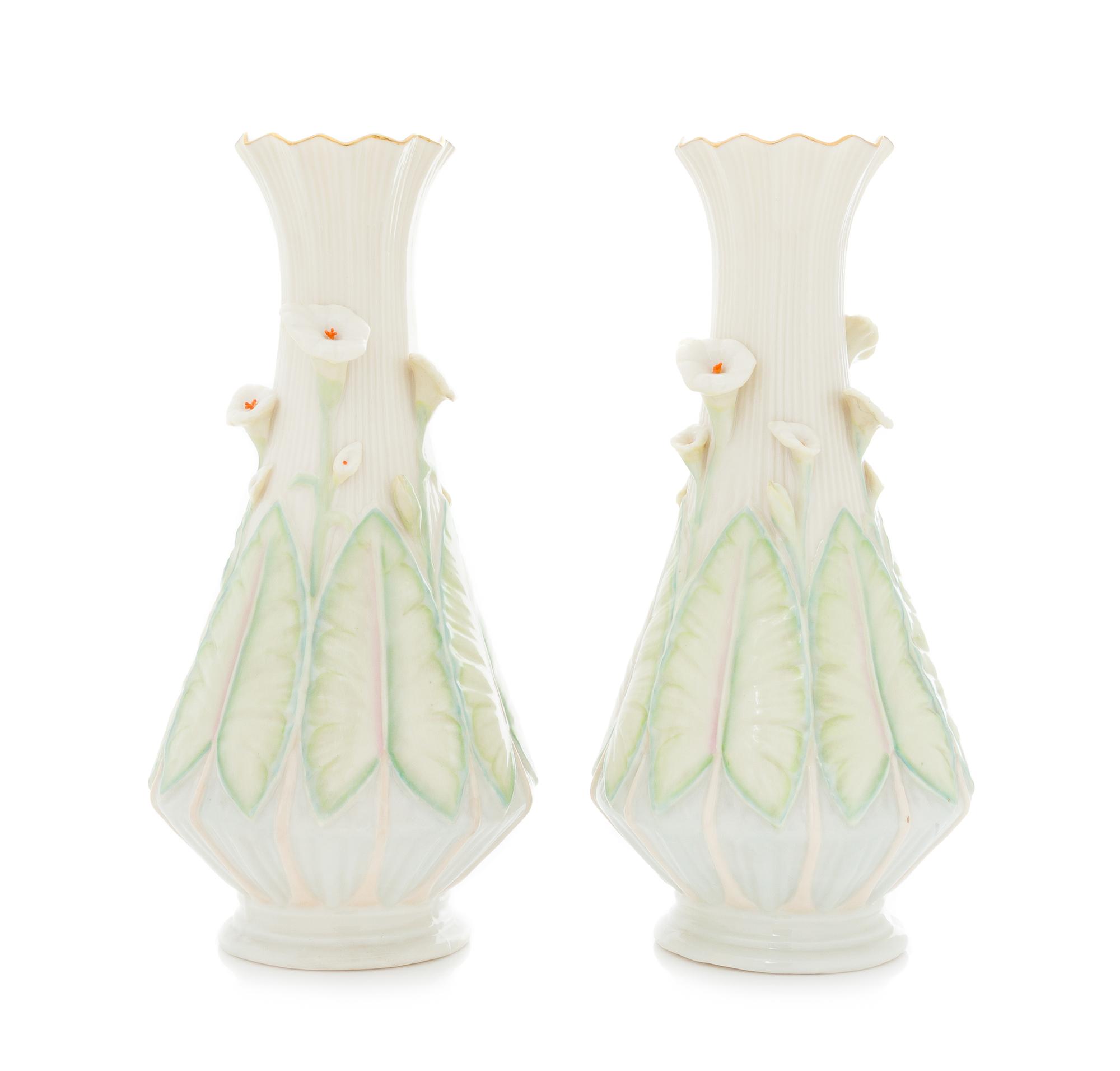 A Pair of Belleek Calla Lillies Vases Height 12 3/4 inches. — THIRD BLACK MARK (1926-1946)