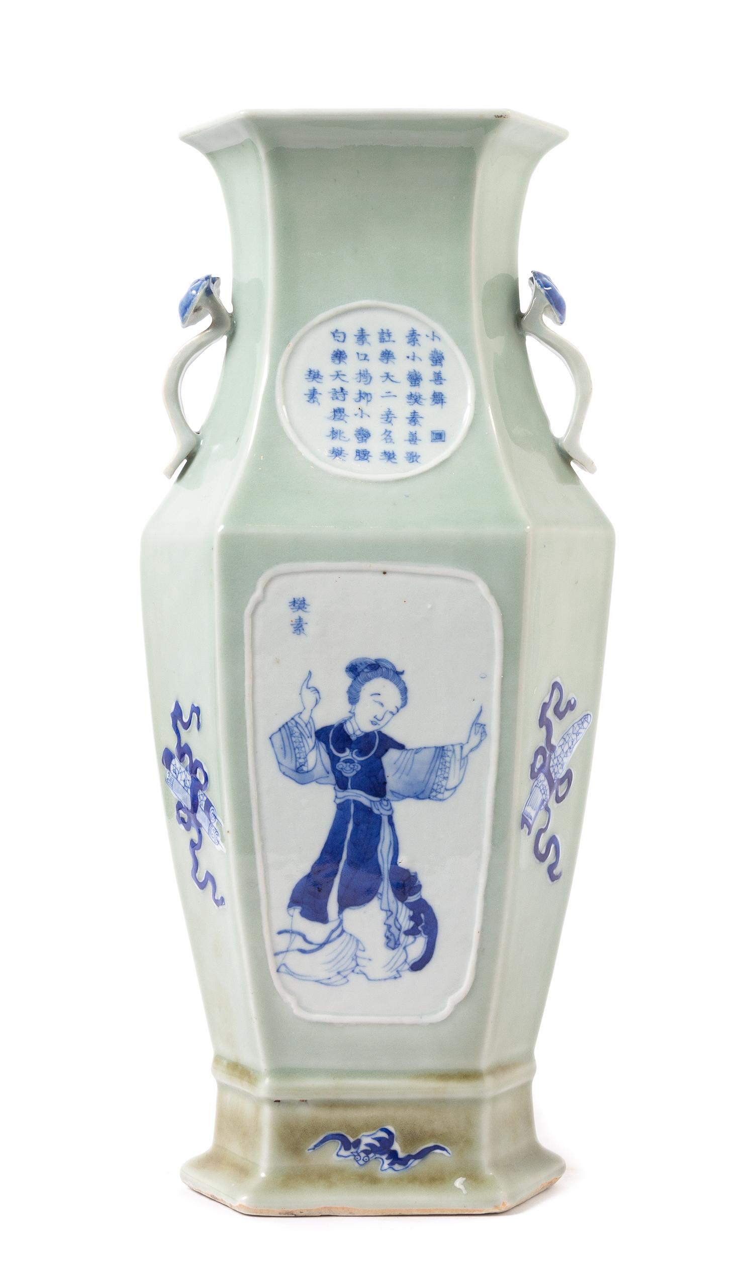 A Chinese Celadon, Blue and White Porcelain Vase 19TH CENTURY Height 16 1/8 inches. — 19TH CENTURY