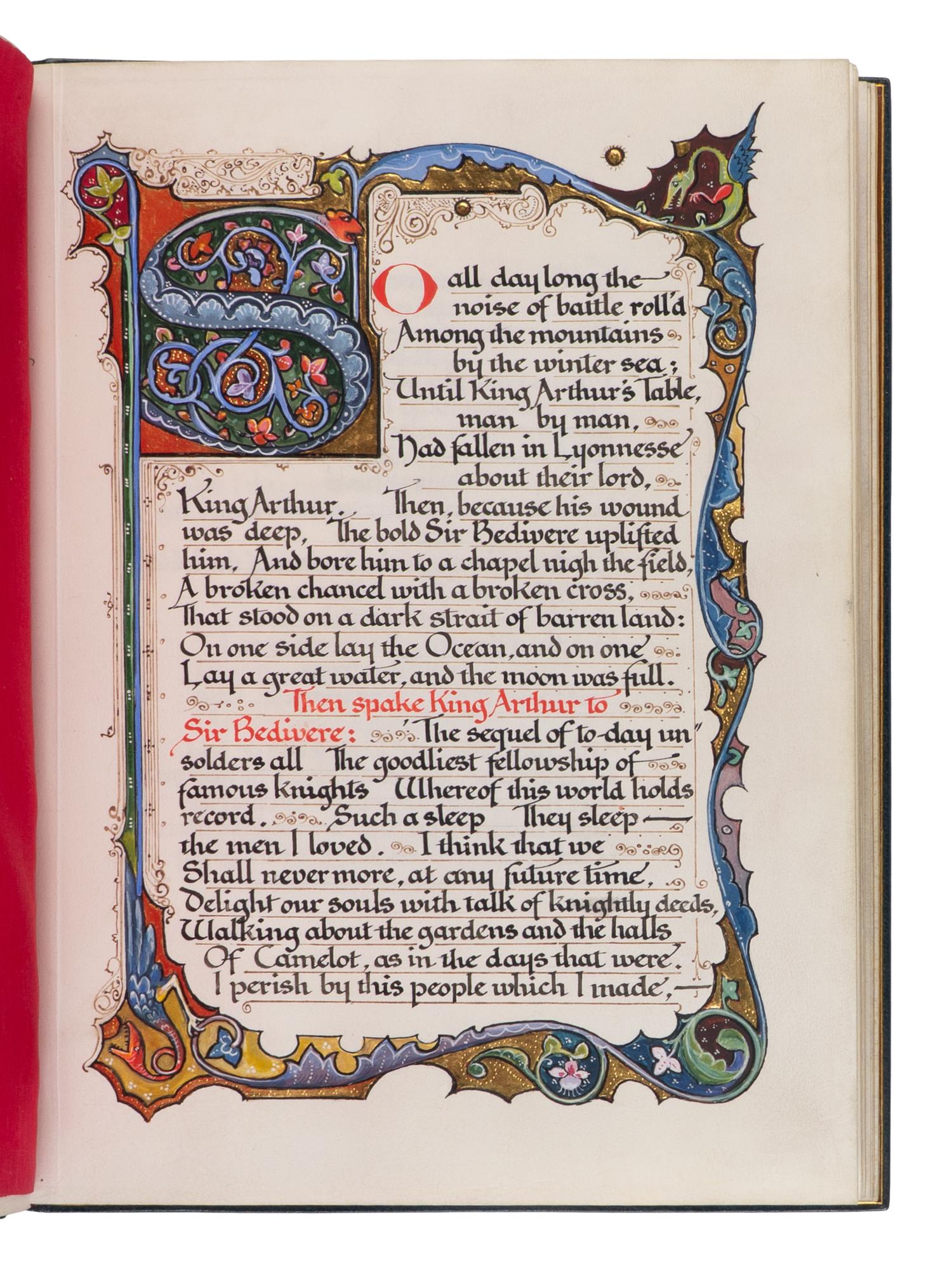[CALLIGRAPHIC MANUSCRIPT]. SANGORSKI, Alberto, calligrapher and illuminator. -- TENNYSON, Alfred, Lord (1809-1892). Le Morte d'Arthur . [London, ca 1910].