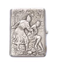 A Russian Silver Cigarette Case, , the lid worked to show a man grasping the arm of a draped woman by a spring.