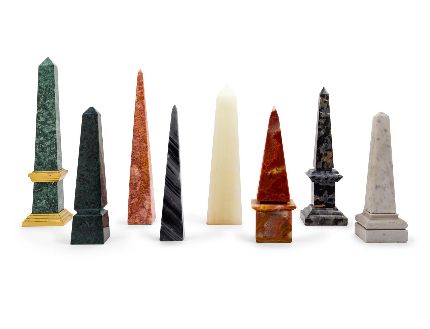 A Collection of Eight Marble and Onyx Obelisks