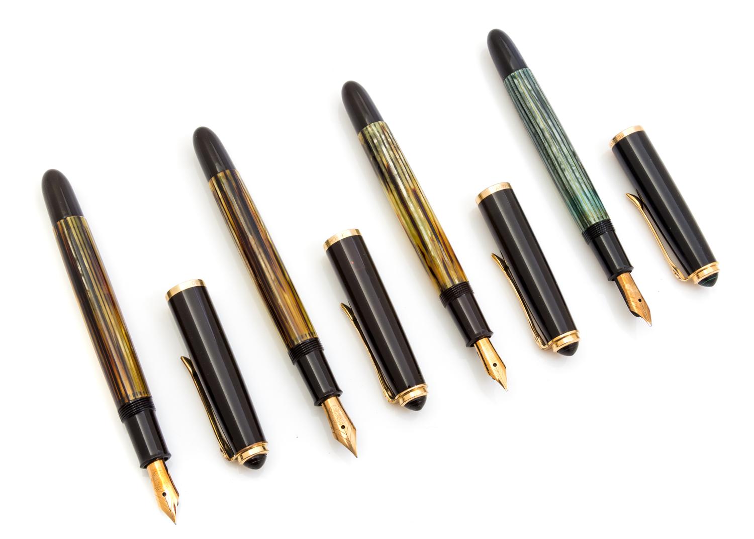 A Set of Four Pelikan '400' Fountain Pens Length 5 1/8 inches.