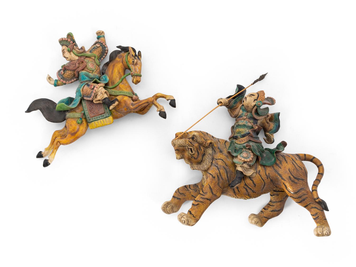 Two Chinese Painted Pottery Figural-Form Roof Tiles