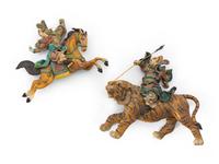 Two Chinese Painted Pottery Figural-Form Roof Tiles