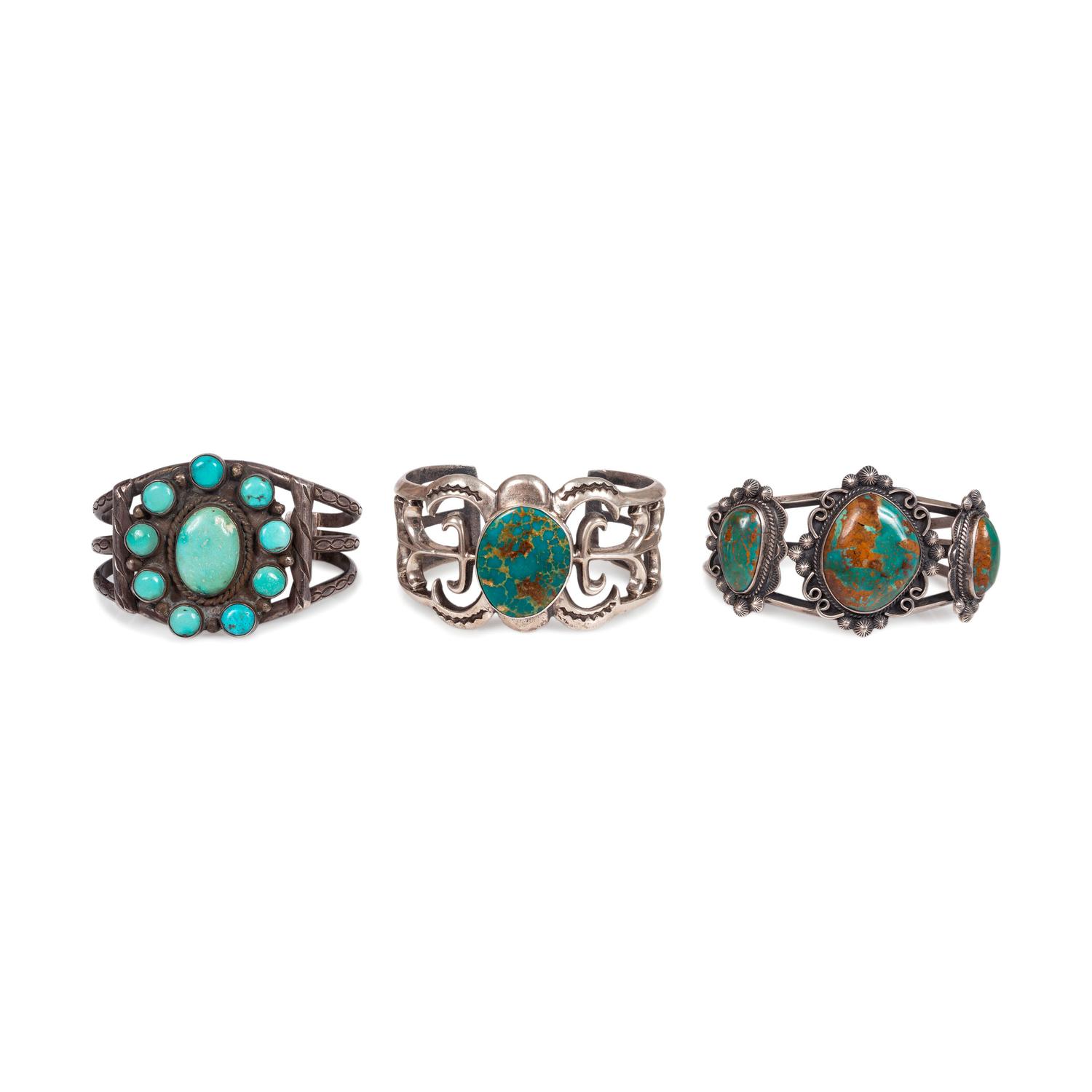 Sterling Silver and Turquoise Cuff Bracelet, PLUS Two Navajo Silver and Turquoise Cuff Bracelets