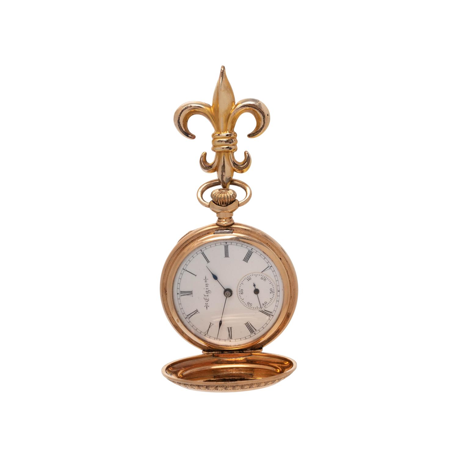 ELGIN, 14K YELLOW GOLD HUNTER CASE POCKET WATCH WITH GOLD-FILLED LAPEL BROOCH