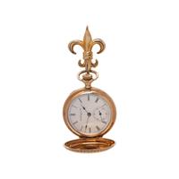 ELGIN, 14K YELLOW GOLD HUNTER CASE POCKET WATCH WITH GOLD-FILLED LAPEL BROOCH