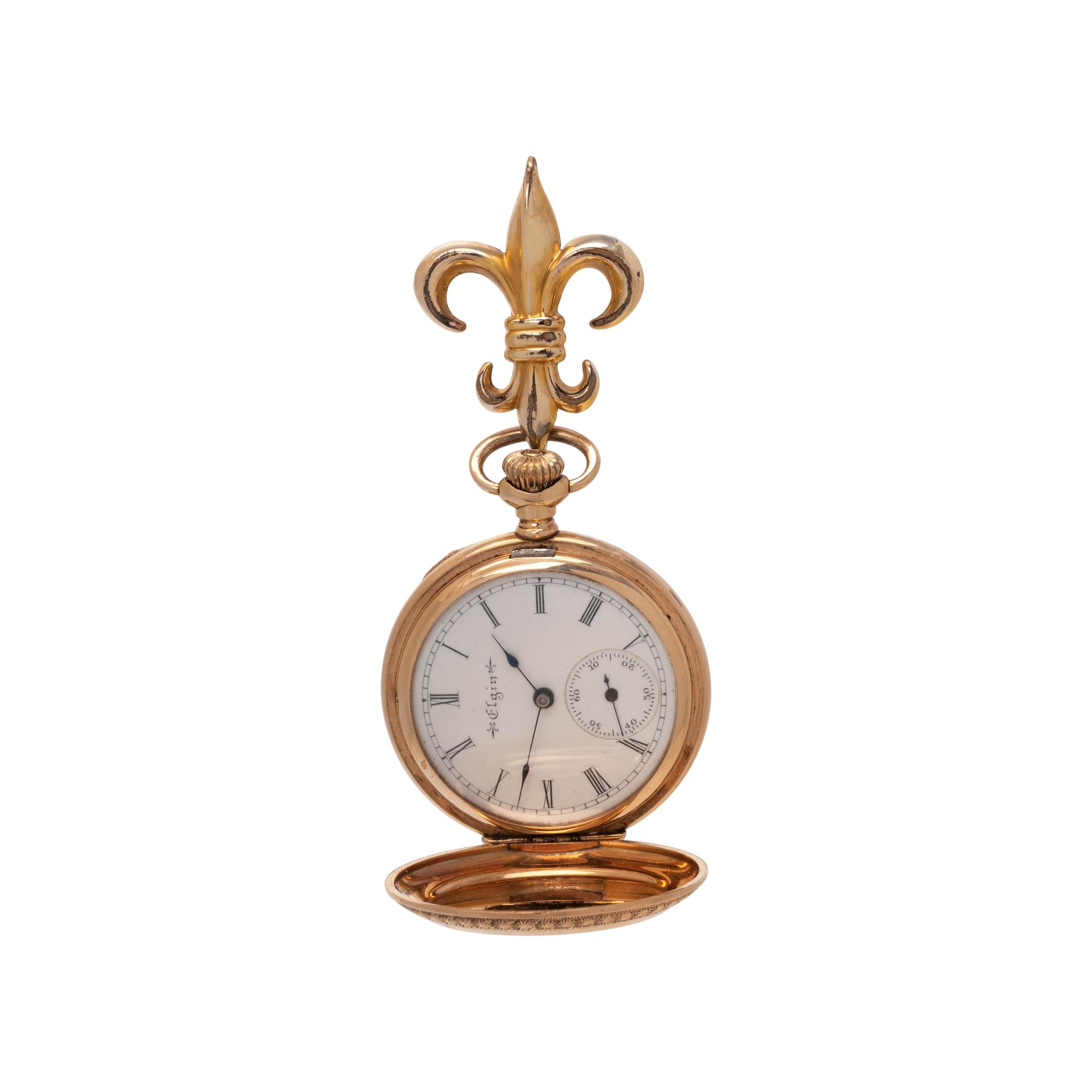 ELGIN, 14K YELLOW GOLD HUNTER CASE POCKET WATCH WITH GOLD-FILLED LAPEL BROOCH