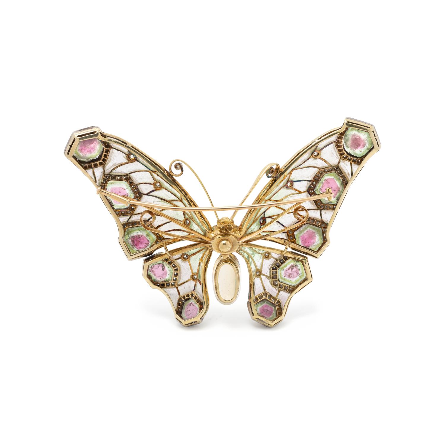 EVELYN CLOTHIER, PLIQUE-À-JOUR ENAMEL, MULTIGEM AND DIAMOND BUTTERFLY BROOCH