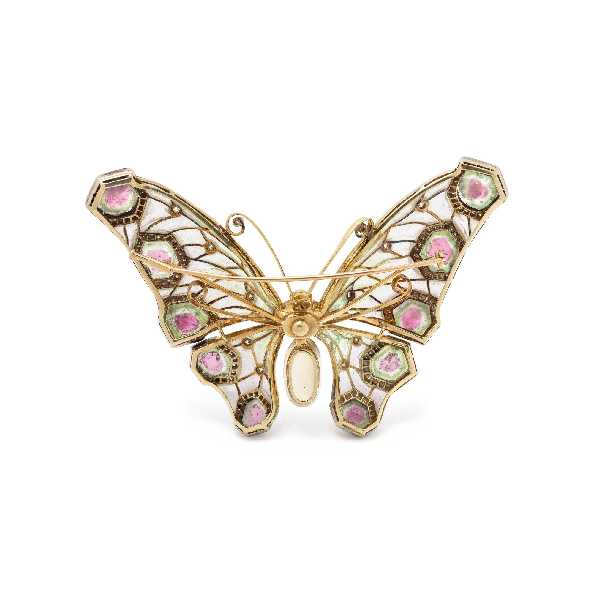 EVELYN CLOTHIER, PLIQUE-À-JOUR ENAMEL, MULTIGEM AND DIAMOND BUTTERFLY BROOCH