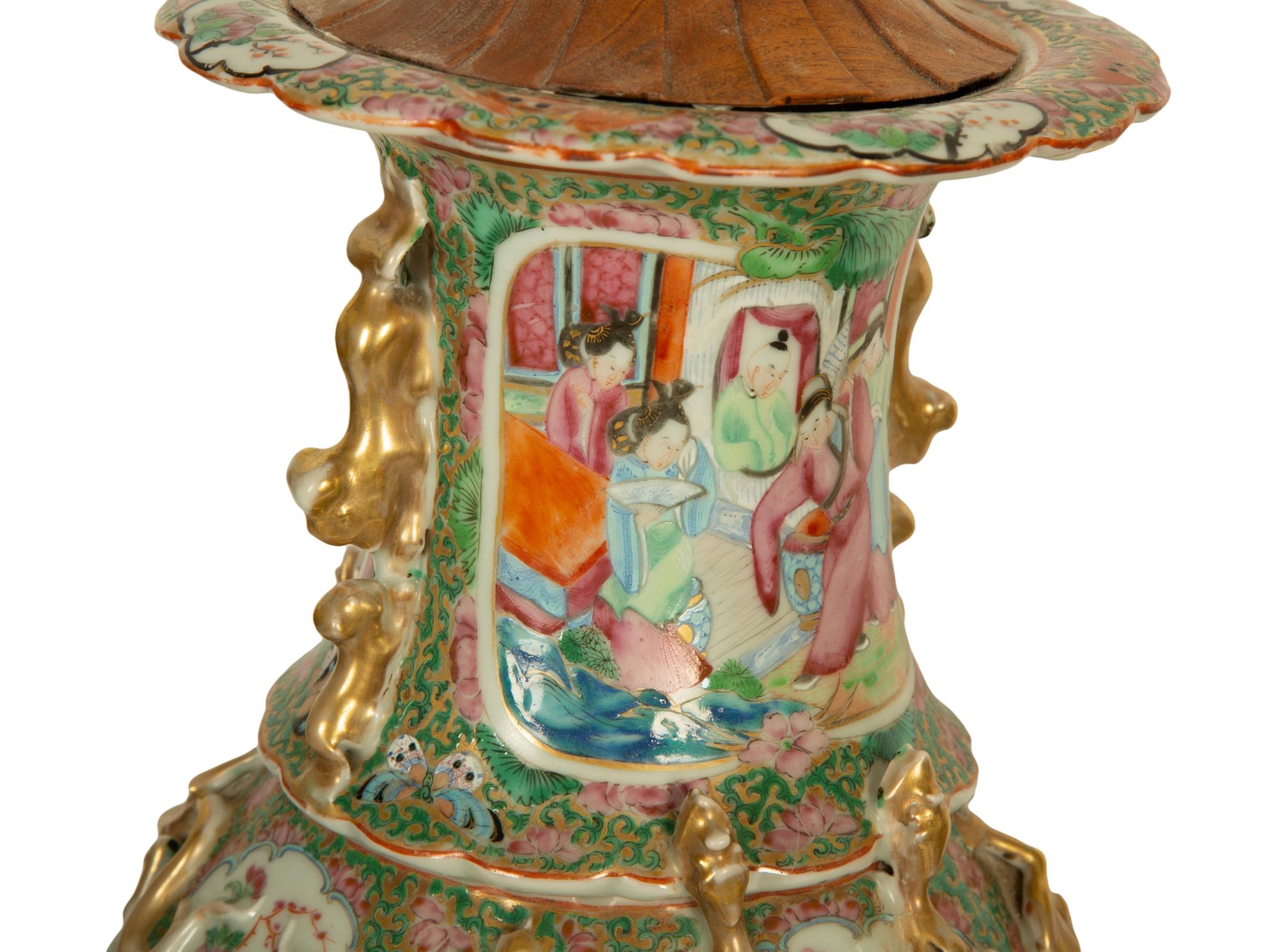 A Pair of Chinese Rose Medallion Porcelain Vases Mounted on Brass Lamp Stands