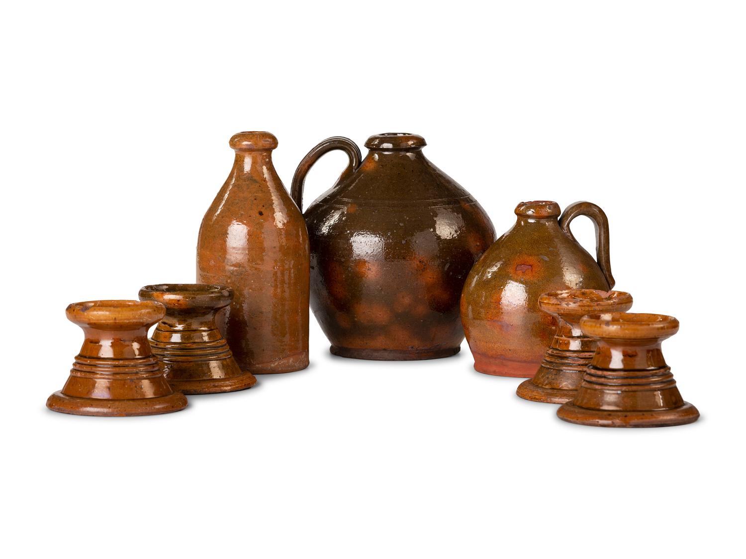 Seven Galena Glaze Redware Articles
