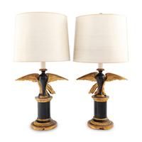 A Pair of Painted and Parcel Gilt Eagle-Form Lamps