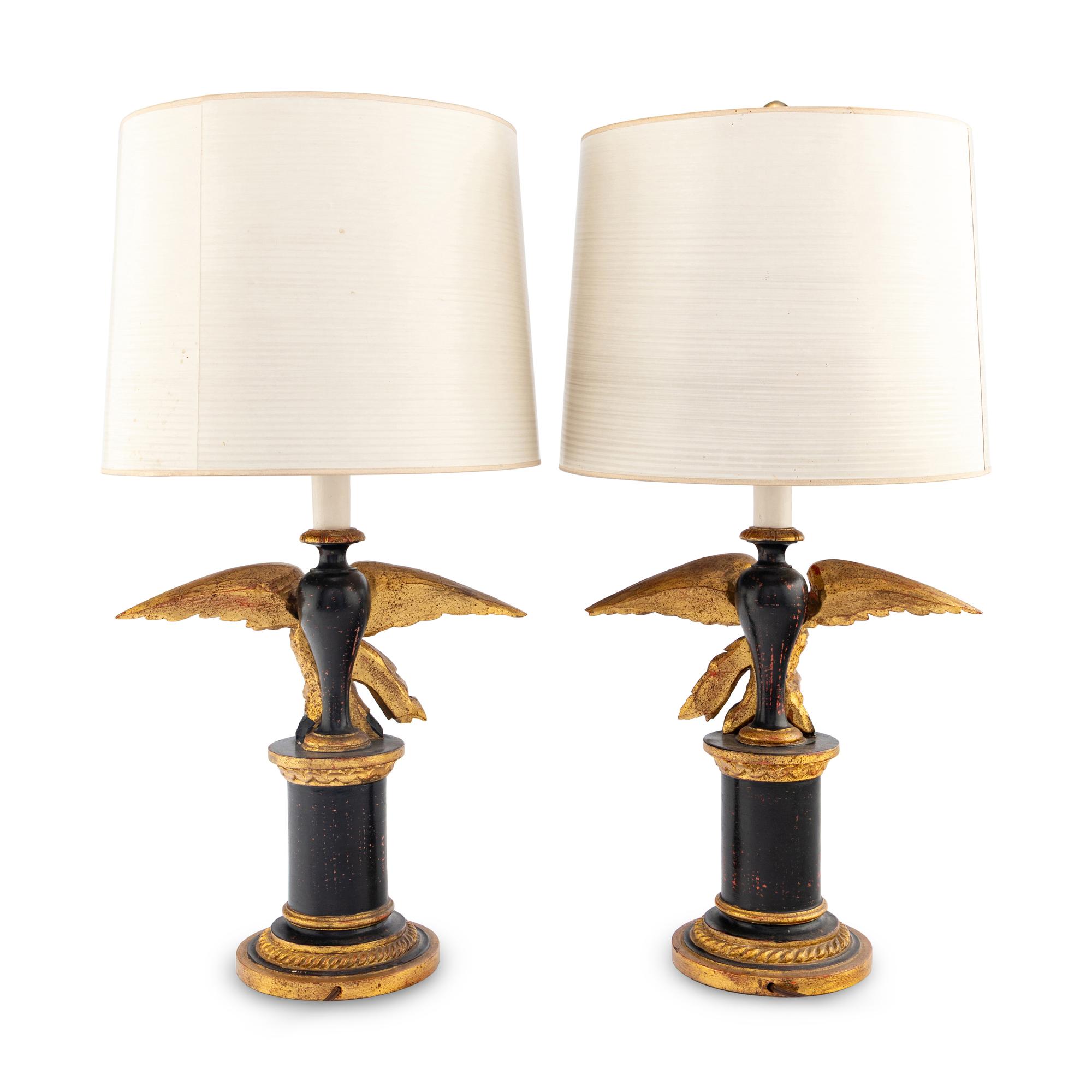 A Pair of Painted and Parcel Gilt Eagle-Form Lamps