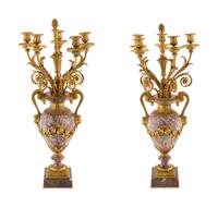 A Pair of Louis XVI Style Gilt Bronze and Marble Five-Light Candelabra — 19TH CENTURY