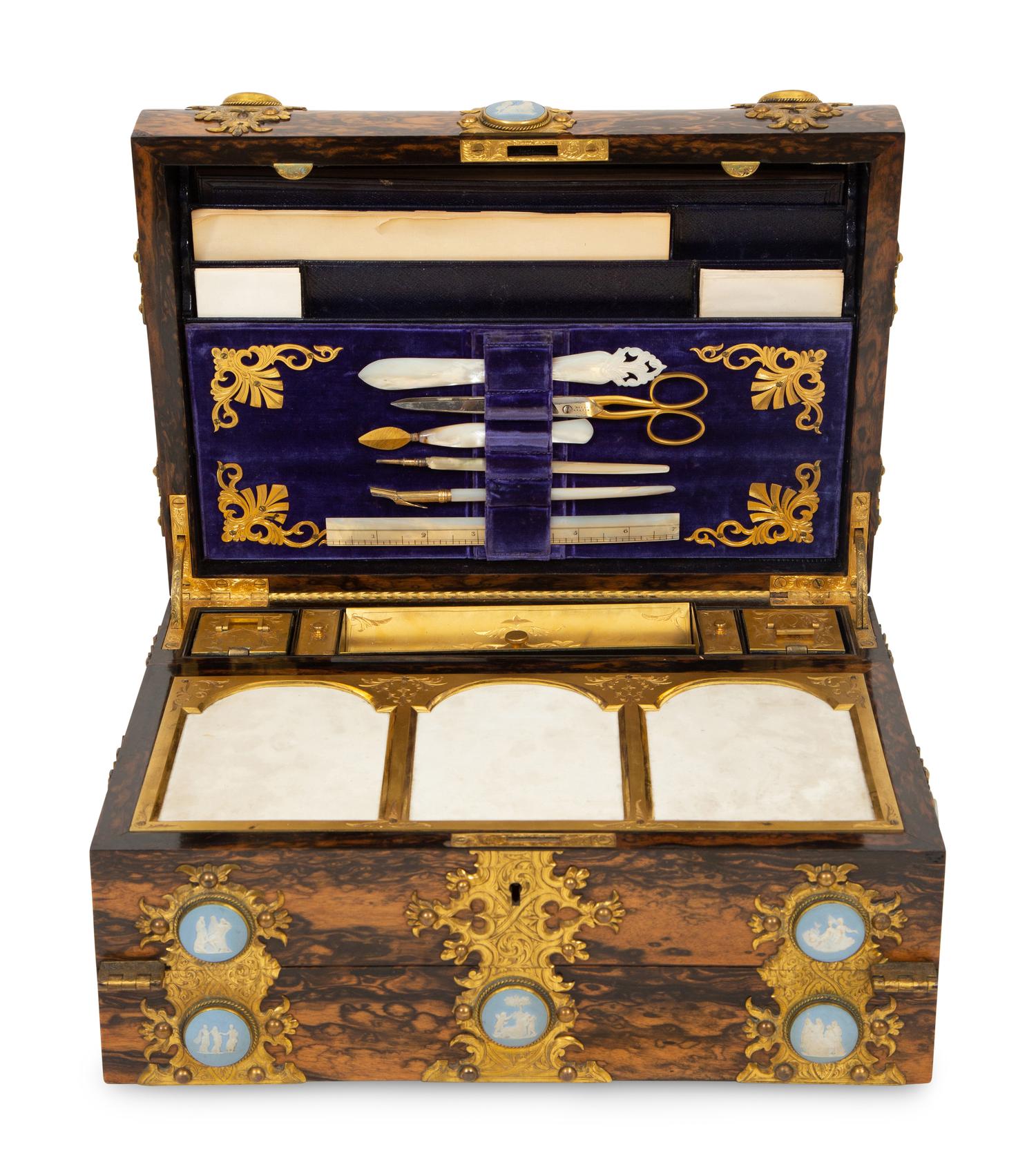 A Victorian Jasperware and Calamander Sewing/Writing Box by Mechi & Bazin