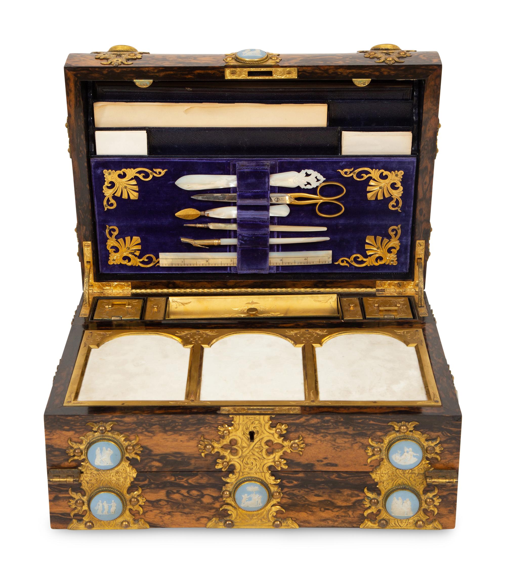 A Victorian Jasperware and Calamander Sewing/Writing Box by Mechi & Bazin