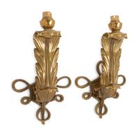 A Pair of Patinated Bronze Single-Light Feather Sconces in the Style of Jules Leleu