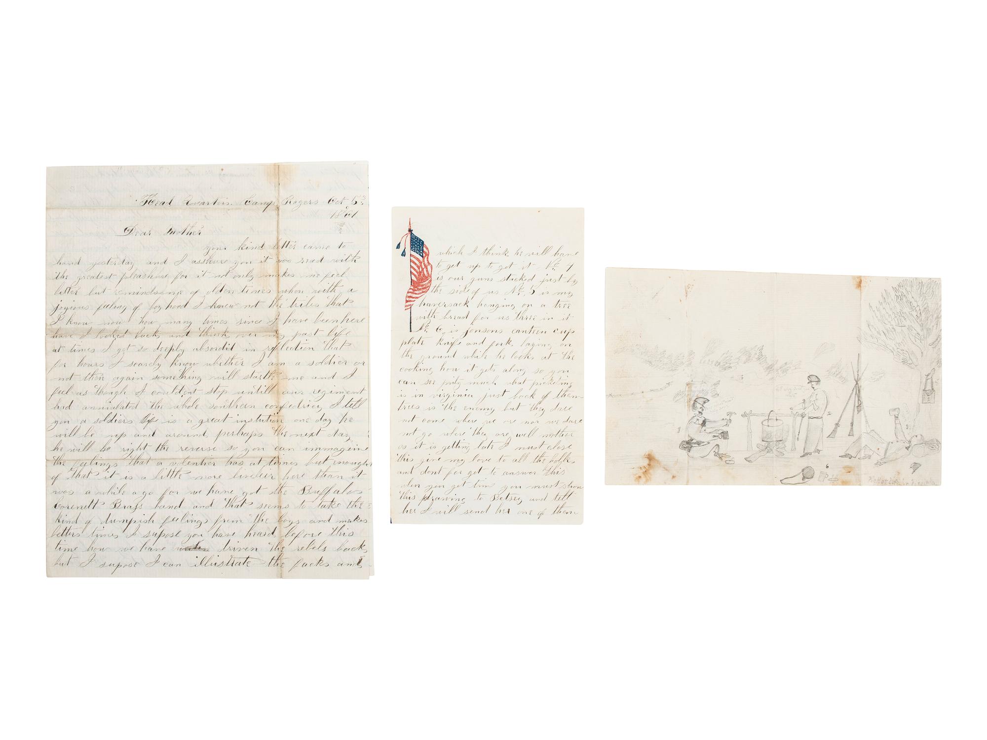 [CIVIL WAR]. Soldier's letter with drawing of "Picket life in Virginia," by Myren Herbert, 21st "Buffalo" New York Regiment, who deserted 9 months later. "Head Quarters, Camp Rogers," 5 October 1861."