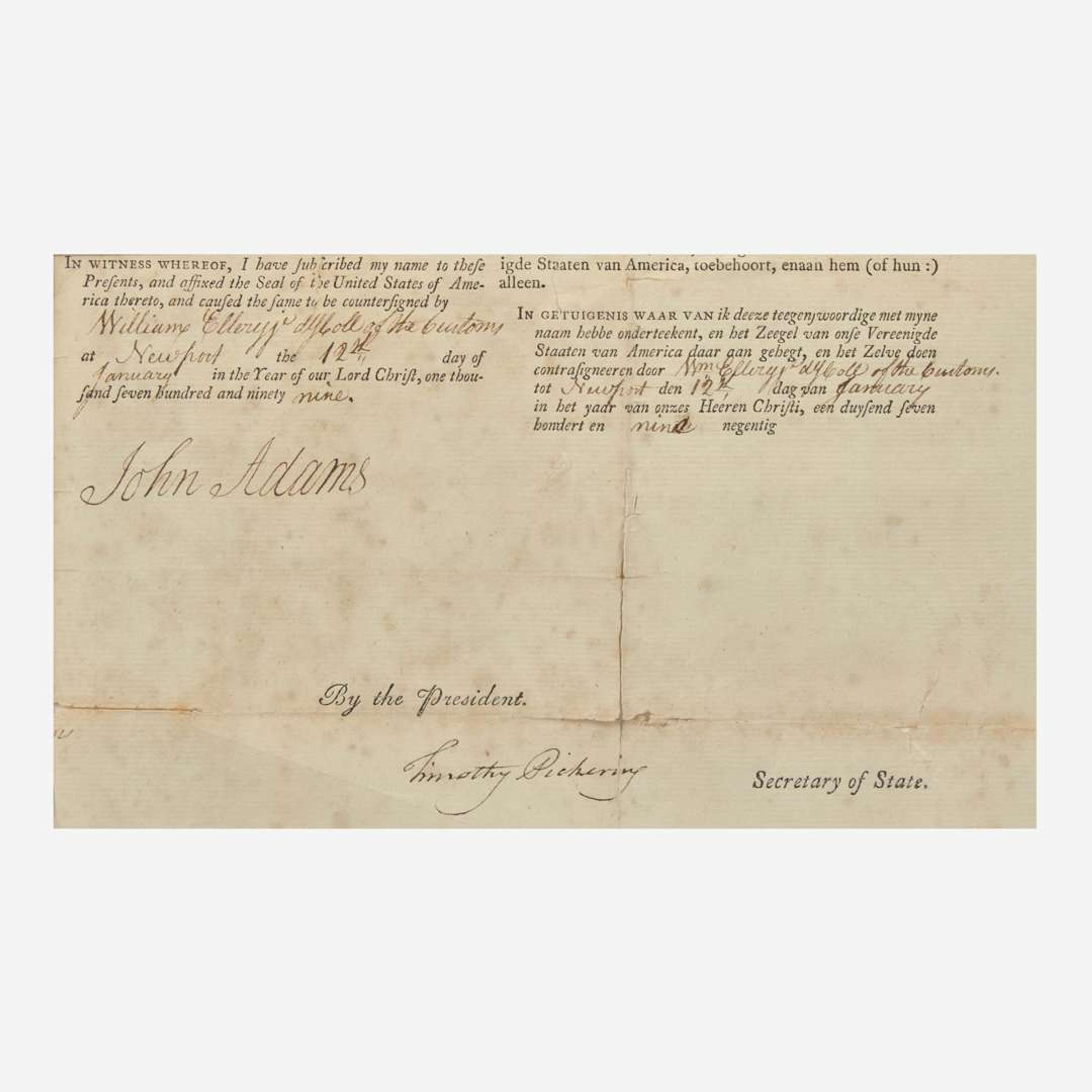 [Declaration of Independence] [Massachusetts] Adams, John Portion of a Partially-Printed Document, signed
