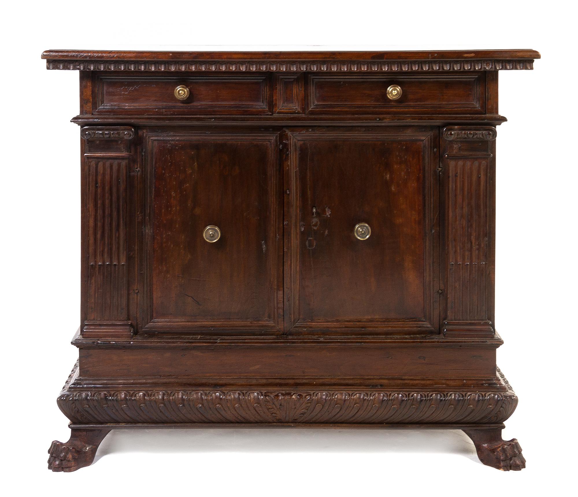 An Italian Renaissance Style Mahogany Console Cabinet, Height 40 3/4 x width 48 1/2 x depth 17 inches.