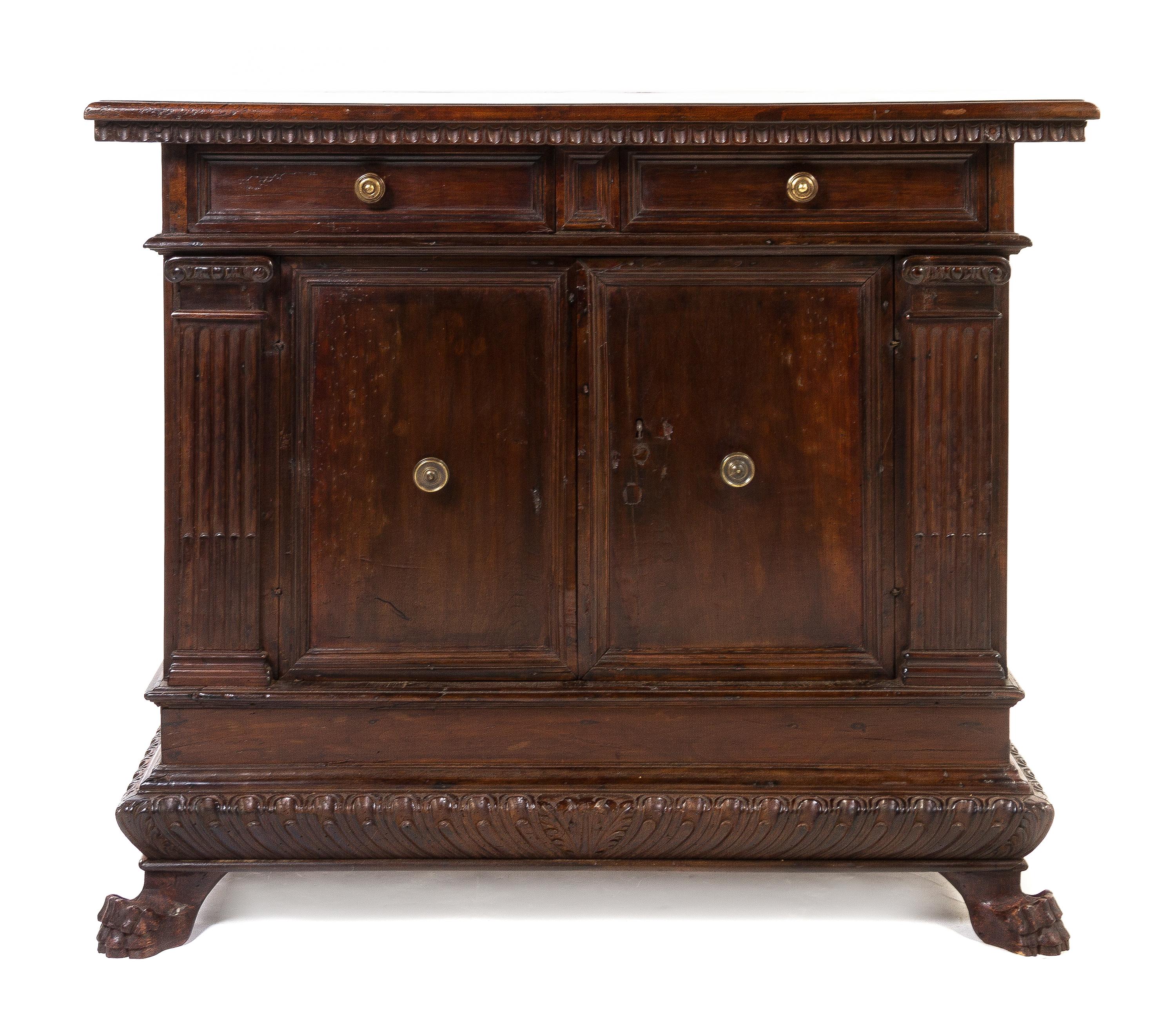 An Italian Renaissance Style Mahogany Console Cabinet, Height 40 3/4 x width 48 1/2 x depth 17 inches.