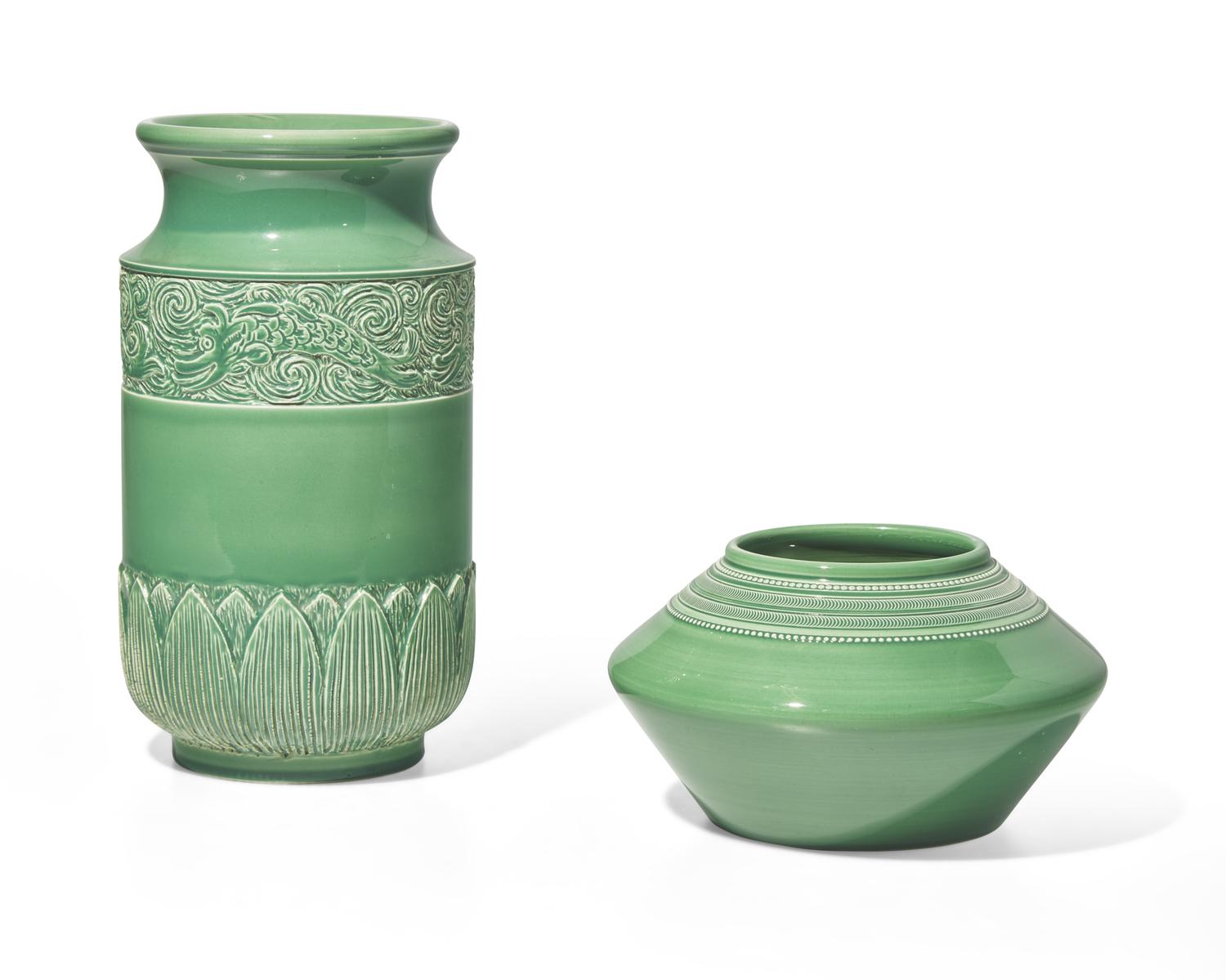 Two Wedgwood Green Glazed Ceramic Vases