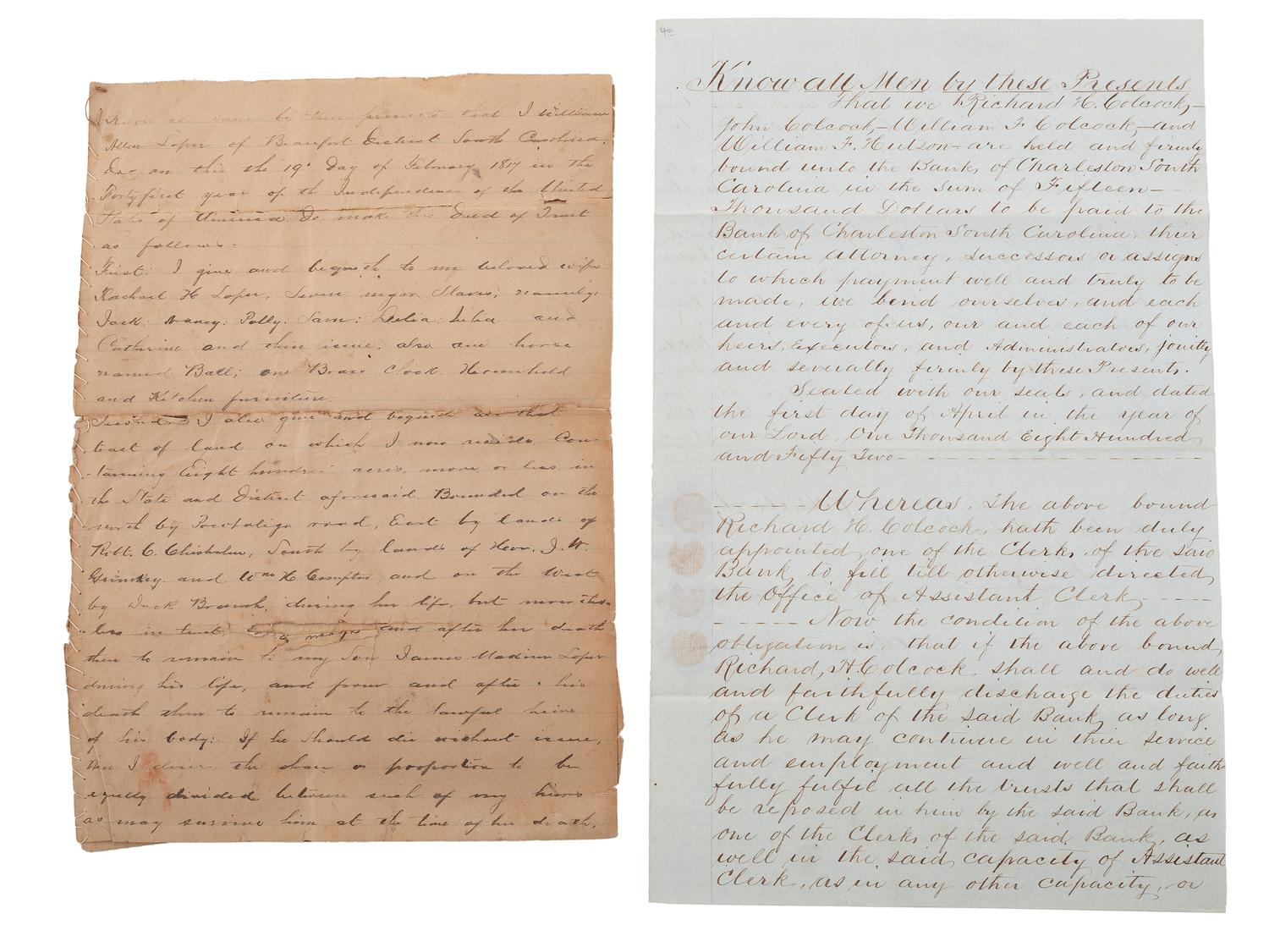 [SLAVERY & ABOLITION]. Manuscript deed of trust bequeathing seven enslaved men, women, and their children. Beaufort District, SC, 19 February 1817.