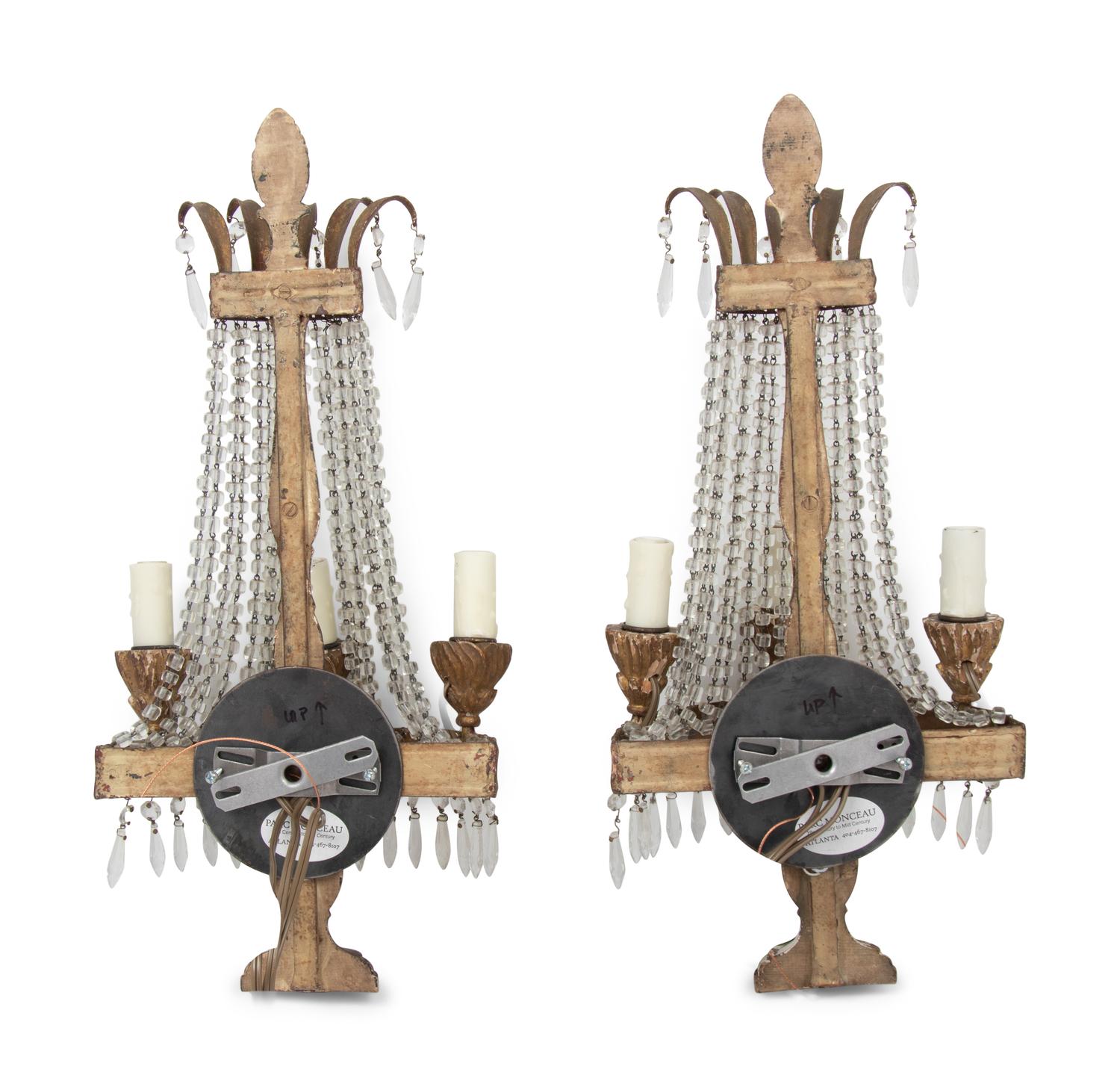 A Pair of Italian Gilt Metal and Glass Three-Light Sconces