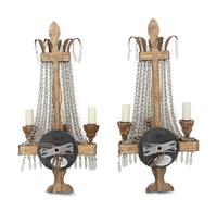 A Pair of Italian Gilt Metal and Glass Three-Light Sconces