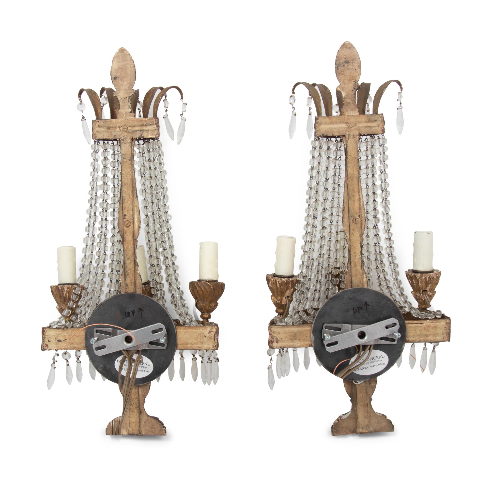 A Pair of Italian Gilt Metal and Glass Three-Light Sconces
