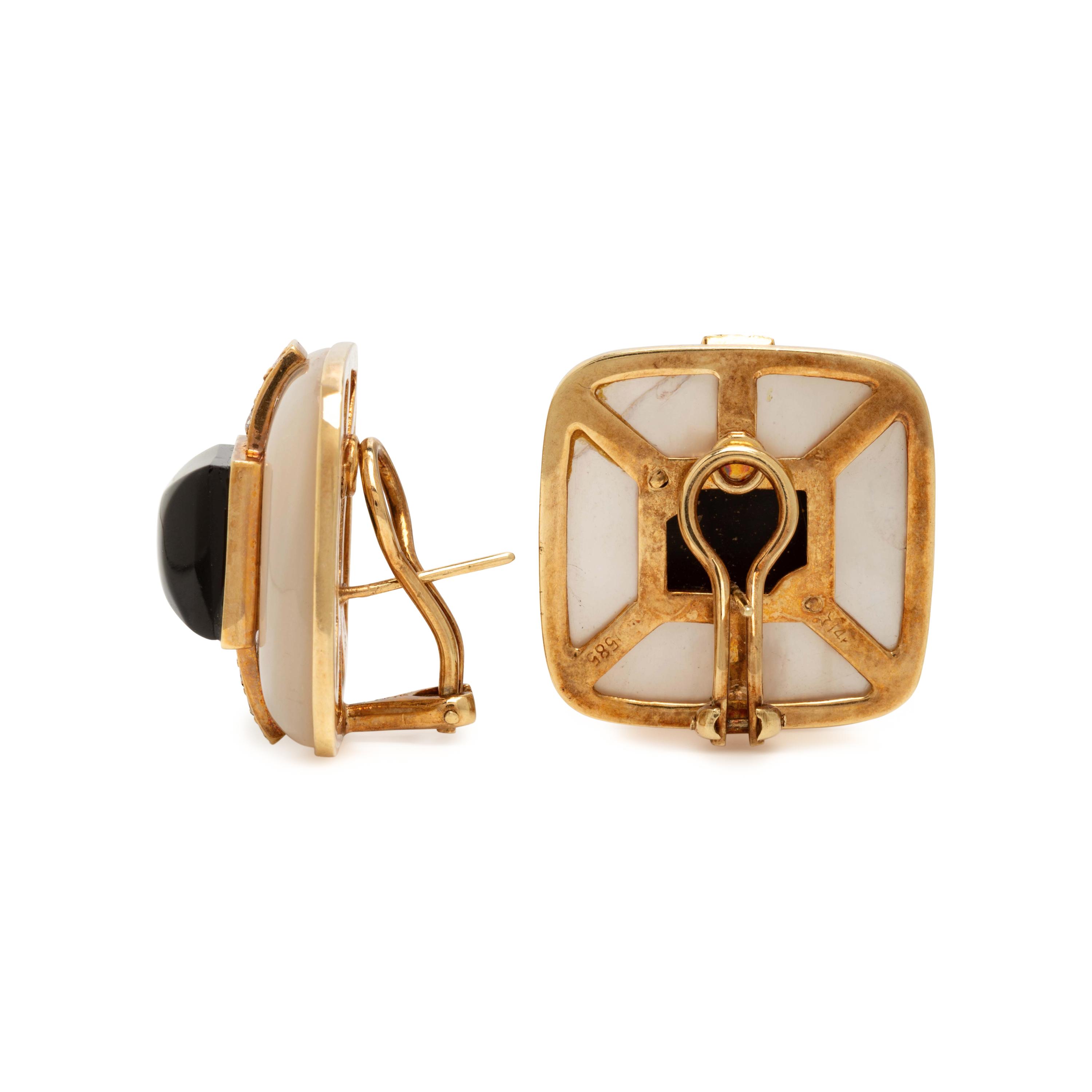 Mother-of-Pearl, Onyx, Diamond, and Yellow Gold Earrings