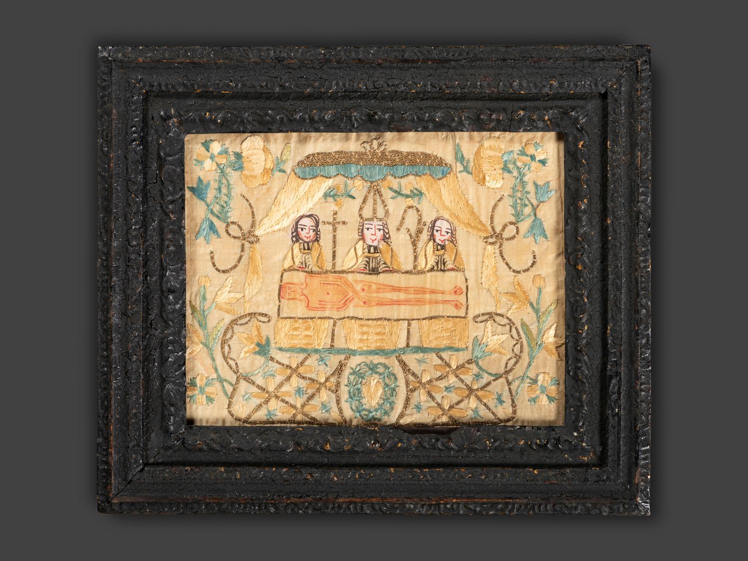 An English or Continental Painted and Embroidered Silk Religious Needlework Picture